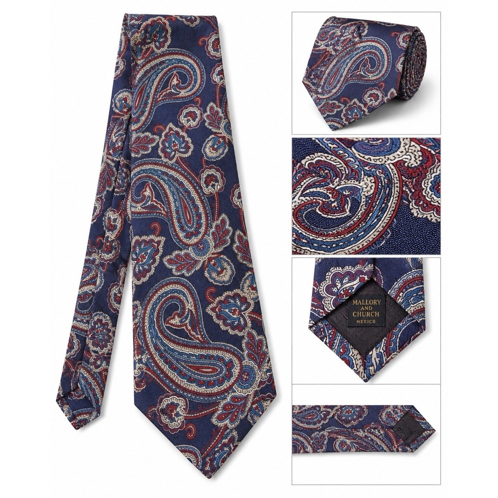 Vintage Mallory & Church Silk Paisley Necktie Blue Red Short Length Mexico